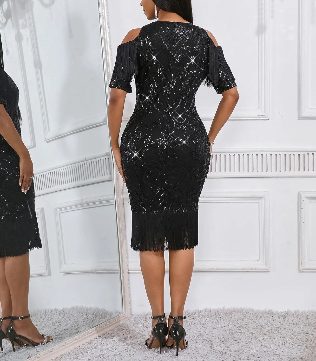 Cololura Elegant Women Sequin Short Sleeve Tassel Bodycon Midi Dress Party Evening Gown Formal Dress