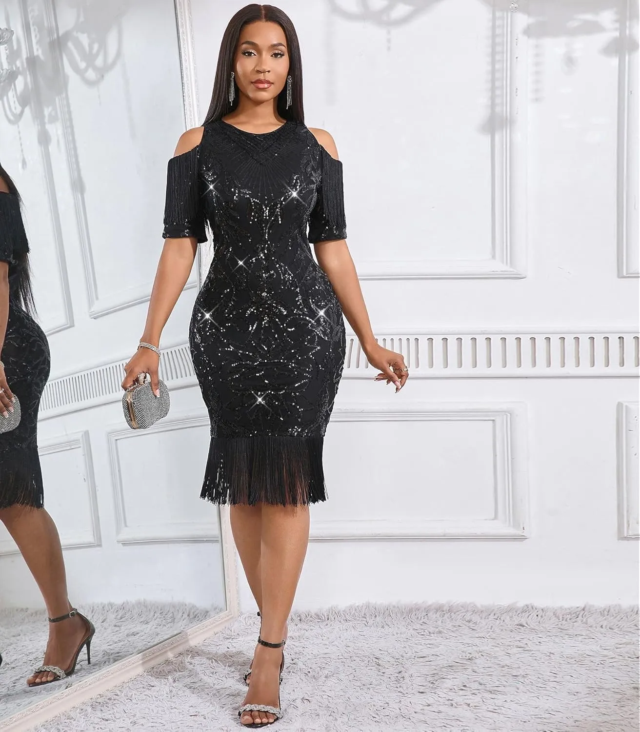 Cololura Elegant Women Sequin Short Sleeve Tassel Bodycon Midi Dress Party Evening Gown Formal Dress