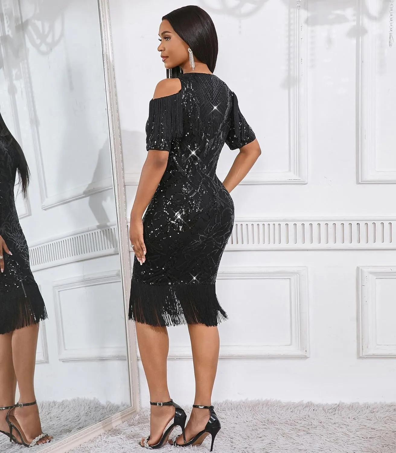 Cololura Elegant Women Sequin Short Sleeve Tassel Bodycon Midi Dress Party Evening Gown Formal Dress
