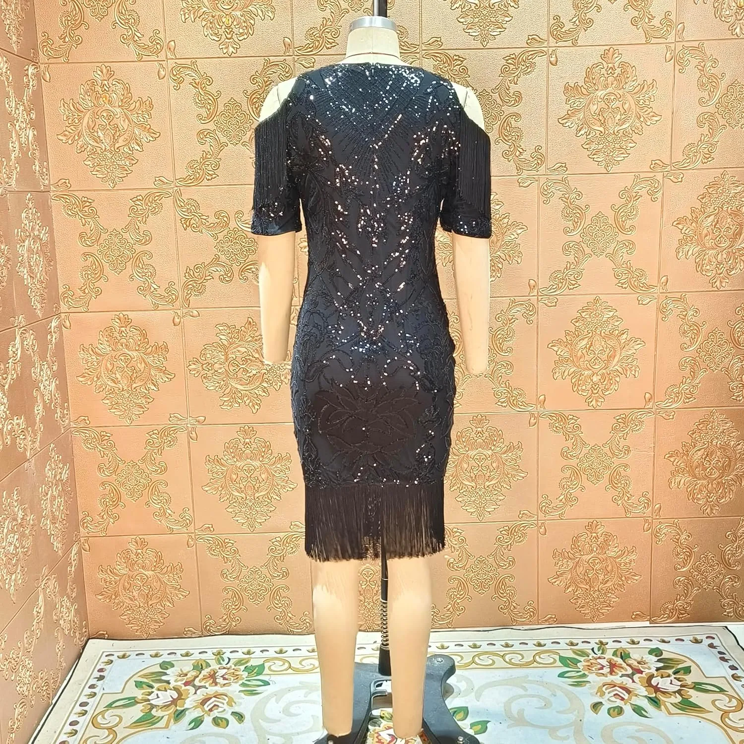 Cololura Elegant Women Sequin Short Sleeve Tassel Bodycon Midi Dress Party Evening Gown Formal Dress