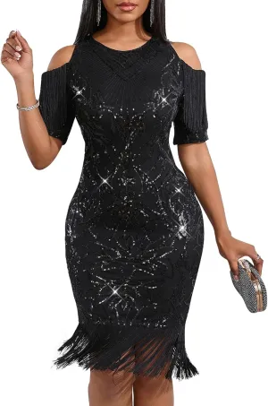 Cololura Elegant Women Sequin Short Sleeve Tassel Bodycon Midi Dress Party Evening Gown Formal Dress