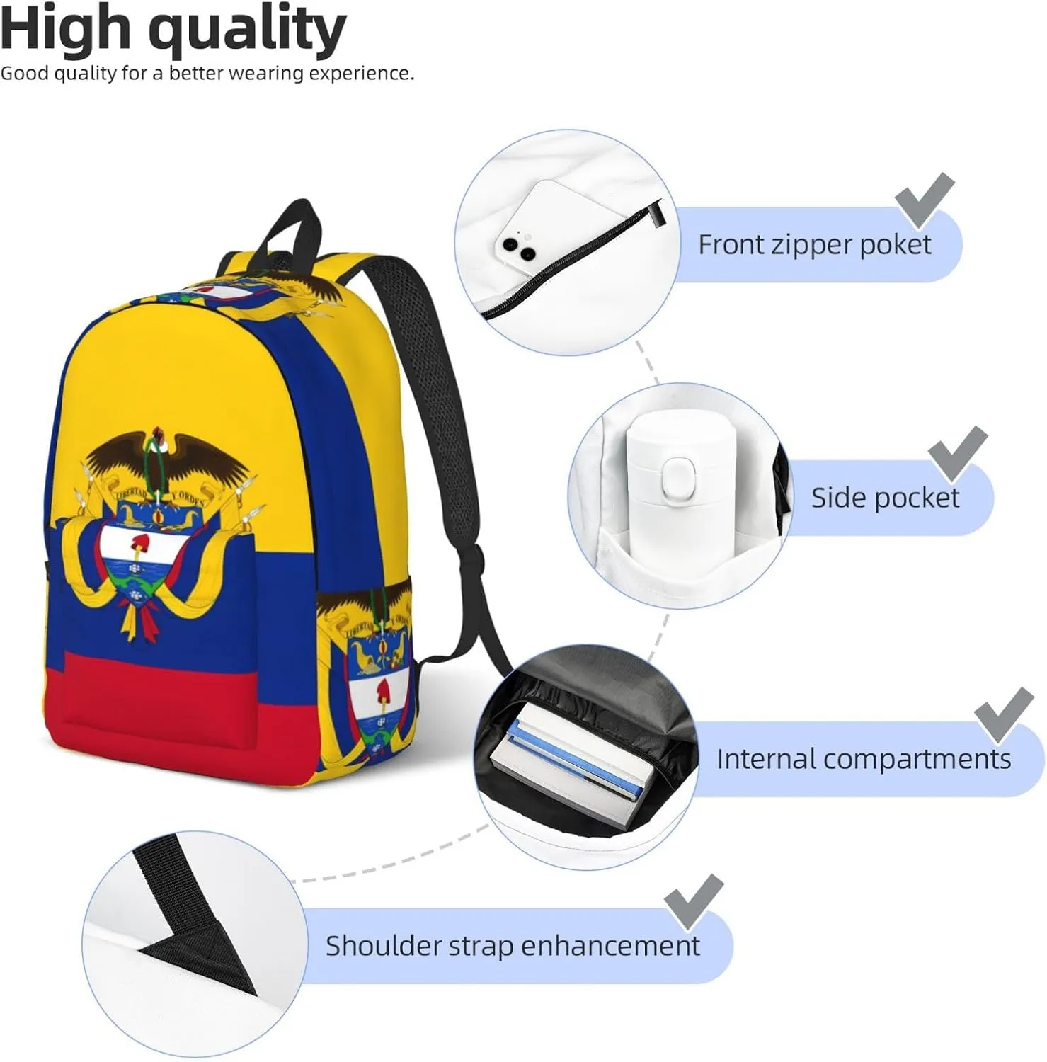 Colombia Coat of Arms Flag Colombian Flags Canvas Backpacks Laptop Backpack Multipurpose Double Shoulder Bag for Men Women Gifts Medium