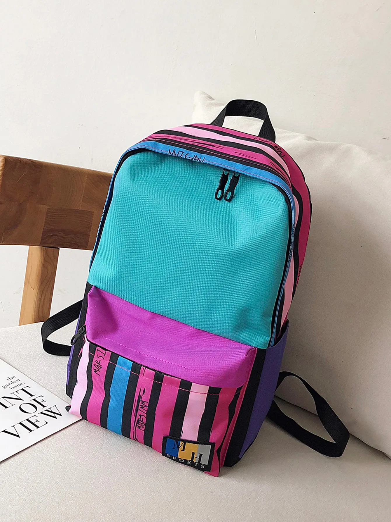 Color Block Pocket Front Backpack