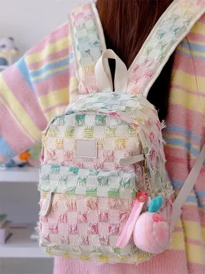 Colorful Backpack, Low Saturation Gradient Tassel Shoulder Bag for Outings, Gifts, Comfortable Hexagonal Straps，2sizes (cell small size)