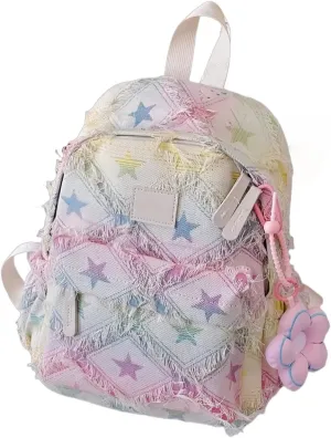 Colorful Backpack, Low Saturation Gradient Tassel Shoulder Bag for Outings, Gifts, Comfortable Hexagonal Straps，2sizes (star large size)