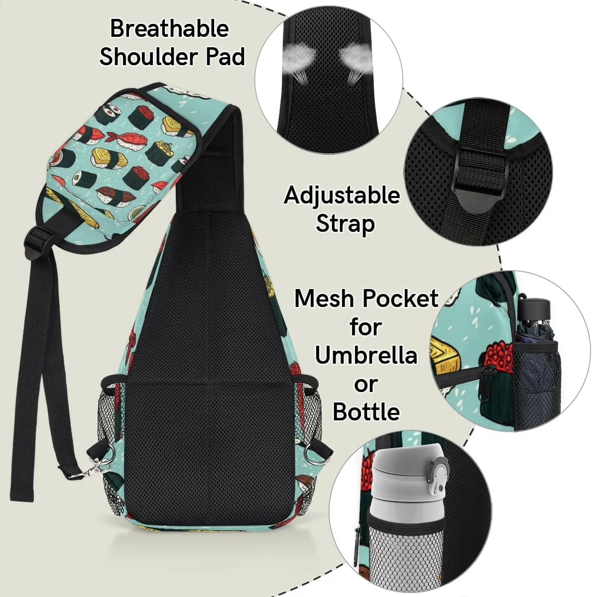Colorful Cute Sushi Sling Bag for Women Men Crossbody Sling Backpack Shoulder Bag Chest Bag Daypack for Travel Hiking Outdoor