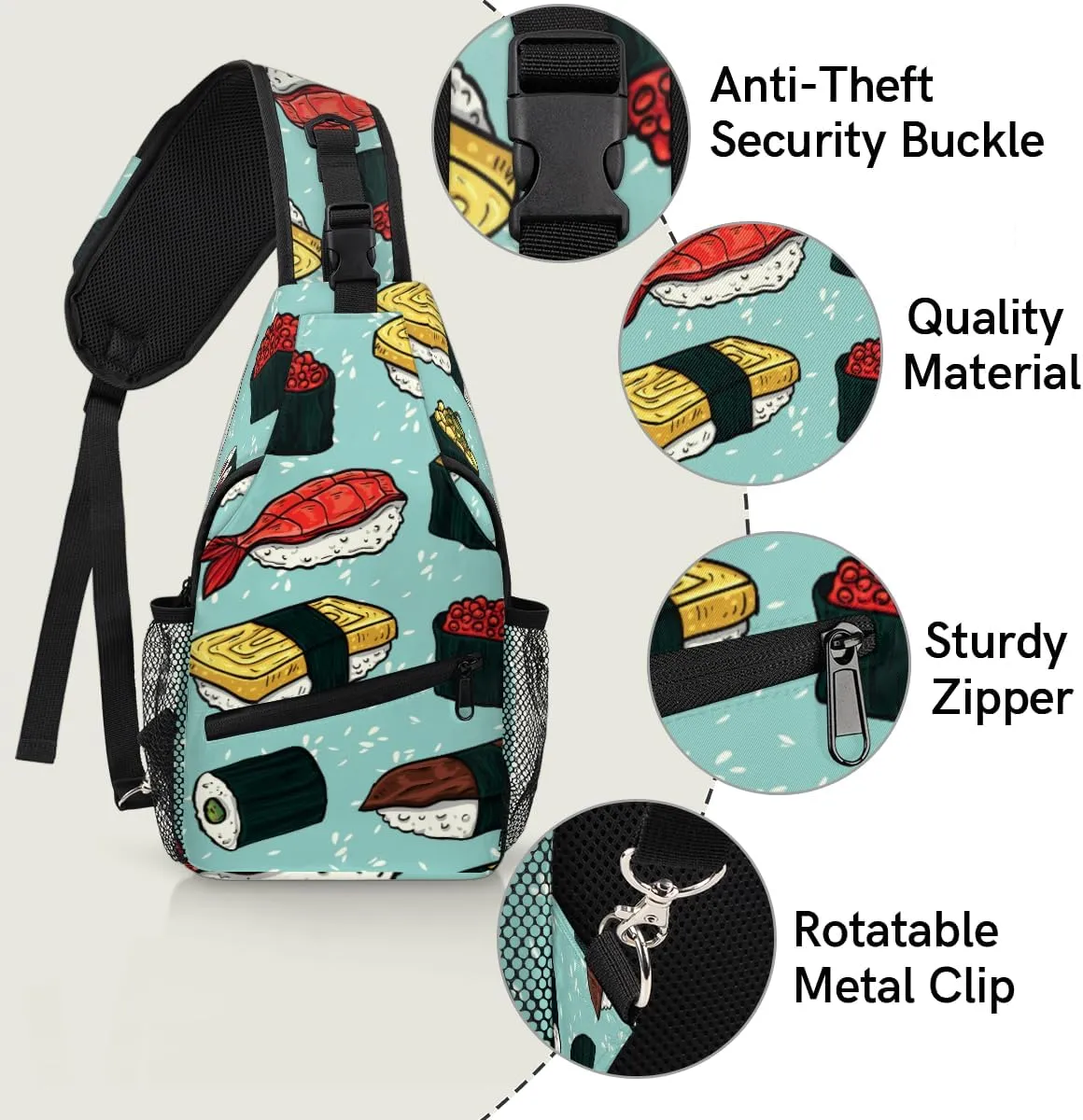 Colorful Cute Sushi Sling Bag for Women Men Crossbody Sling Backpack Shoulder Bag Chest Bag Daypack for Travel Hiking Outdoor