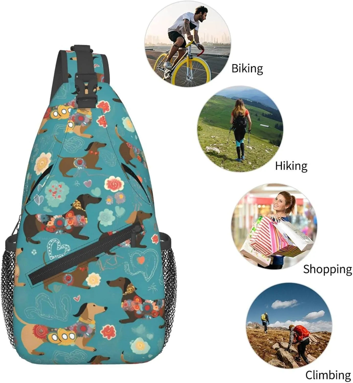 Colorful Dachshund Sling Bag for Women Men, Floral Adjustable Rope Crossbody Single Shoulder Bag for Travel Hiking Cycling Gift