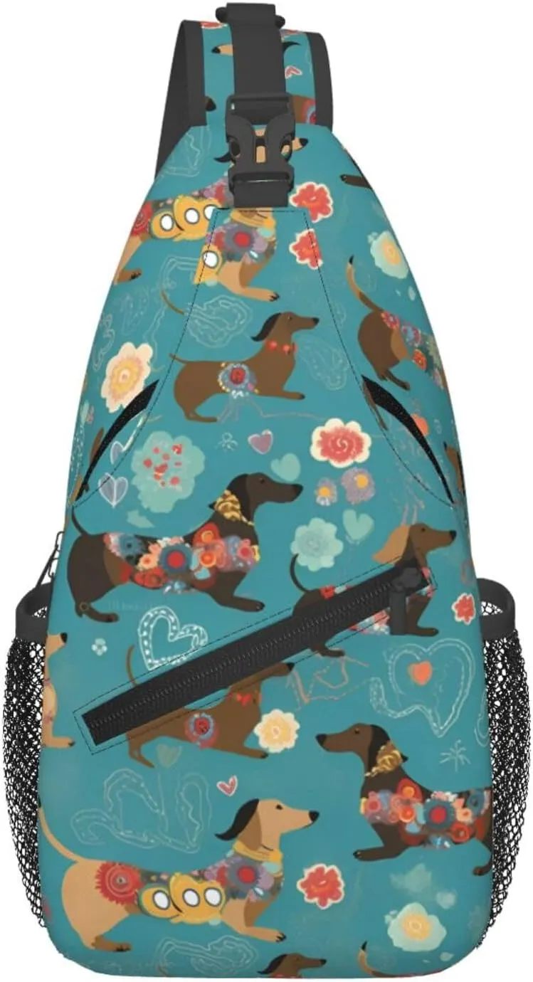 Colorful Dachshund Sling Bag for Women Men, Floral Adjustable Rope Crossbody Single Shoulder Bag for Travel Hiking Cycling Gift