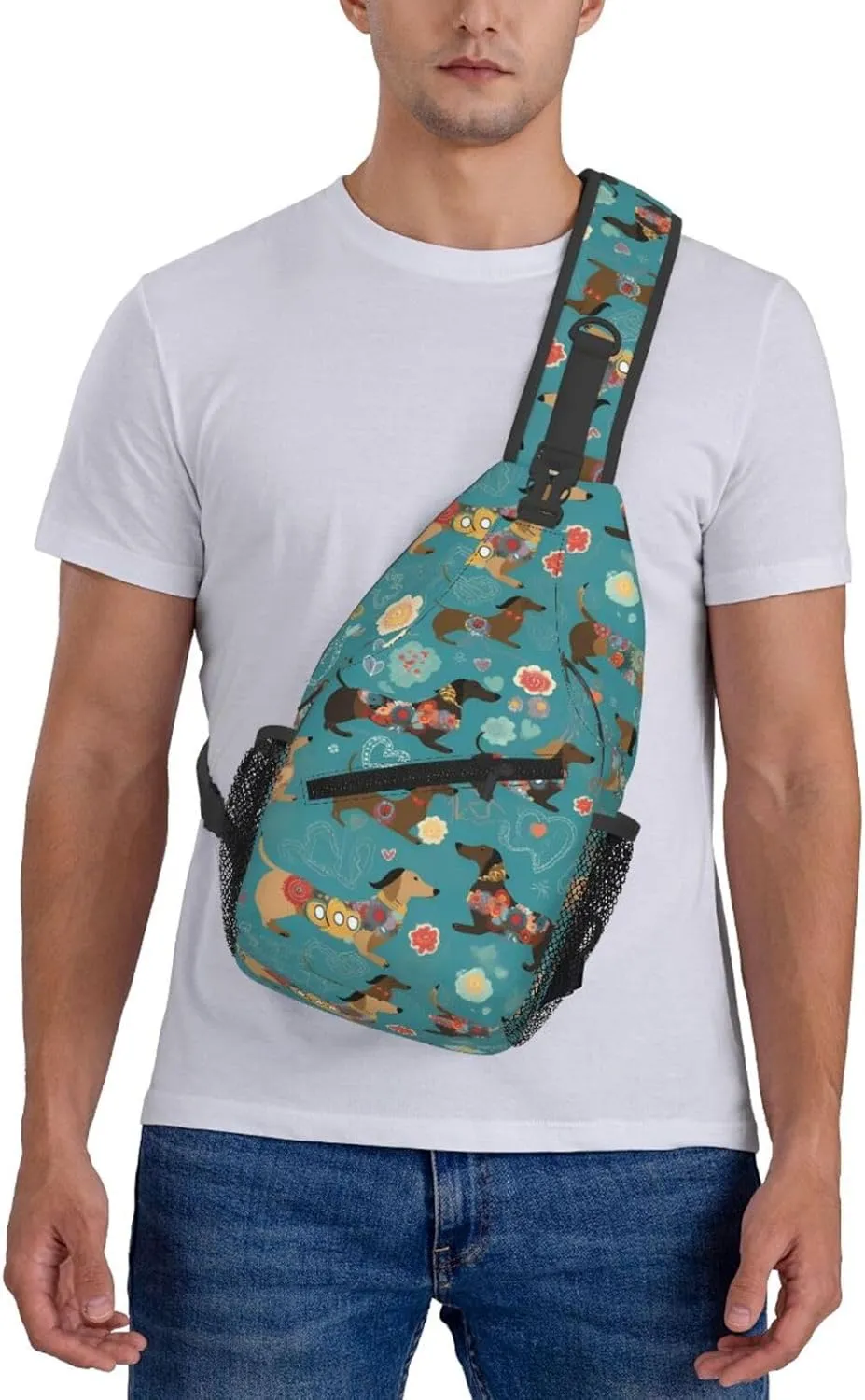 Colorful Dachshund Sling Bag for Women Men, Floral Adjustable Rope Crossbody Single Shoulder Bag for Travel Hiking Cycling Gift