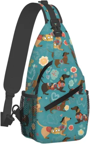 Colorful Dachshund Sling Bag for Women Men, Floral Adjustable Rope Crossbody Single Shoulder Bag for Travel Hiking Cycling Gift