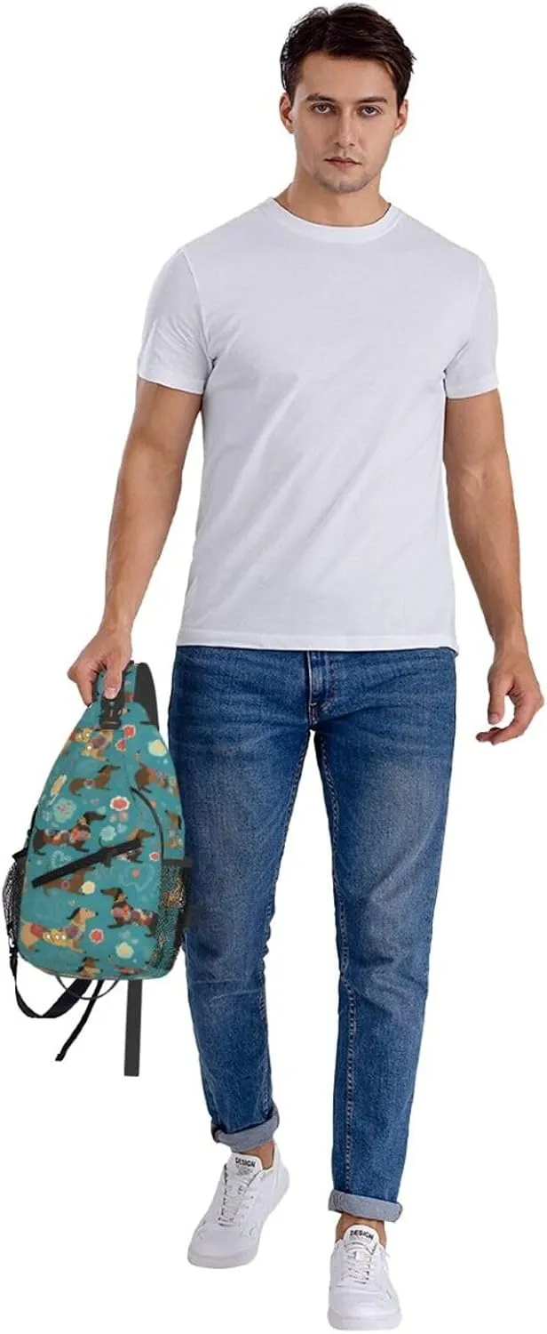 Colorful Dachshund Sling Bag for Women Men, Floral Adjustable Rope Crossbody Single Shoulder Bag for Travel Hiking Cycling Gift