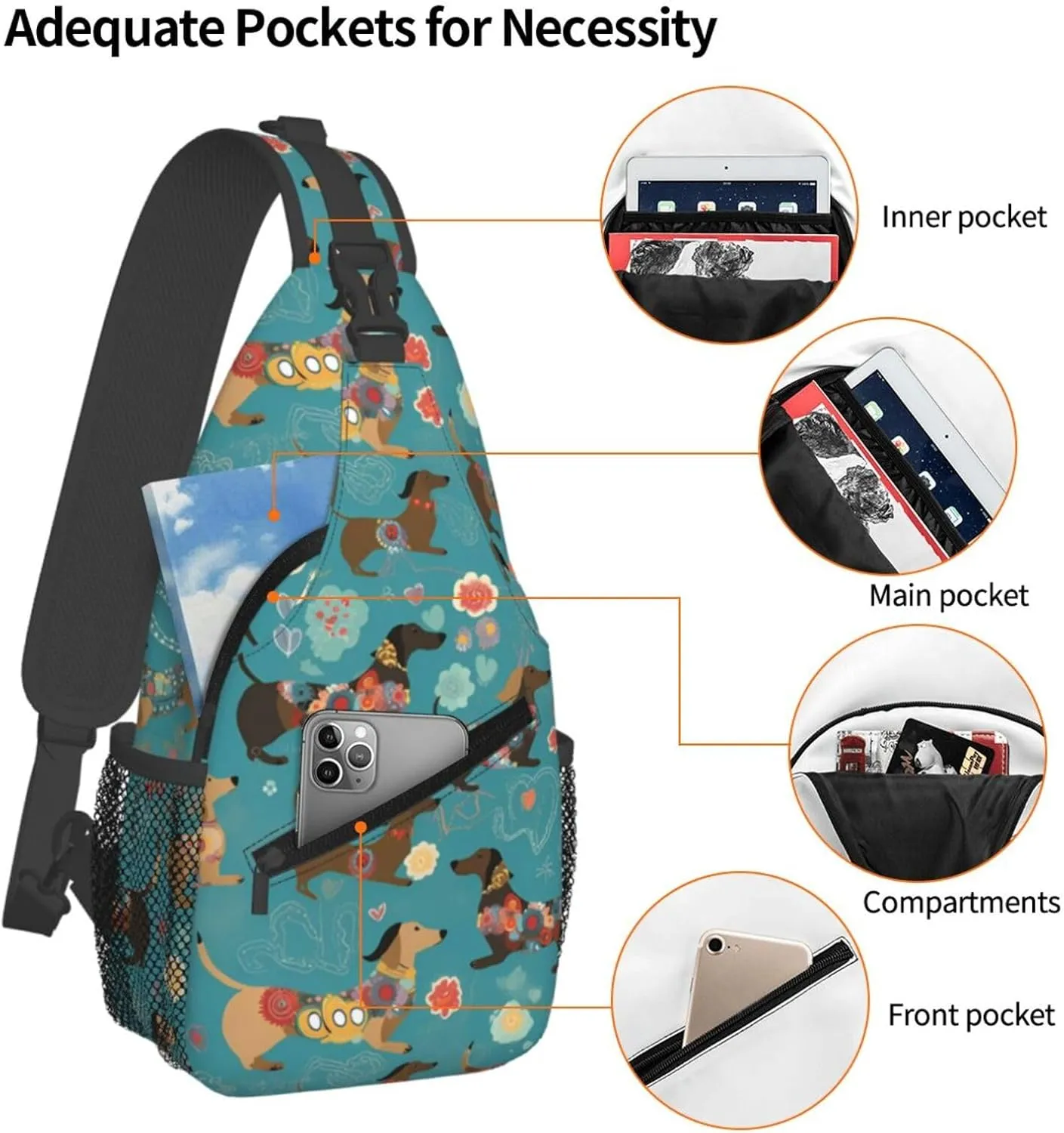 Colorful Dachshund Sling Bag for Women Men, Floral Adjustable Rope Crossbody Single Shoulder Bag for Travel Hiking Cycling Gift