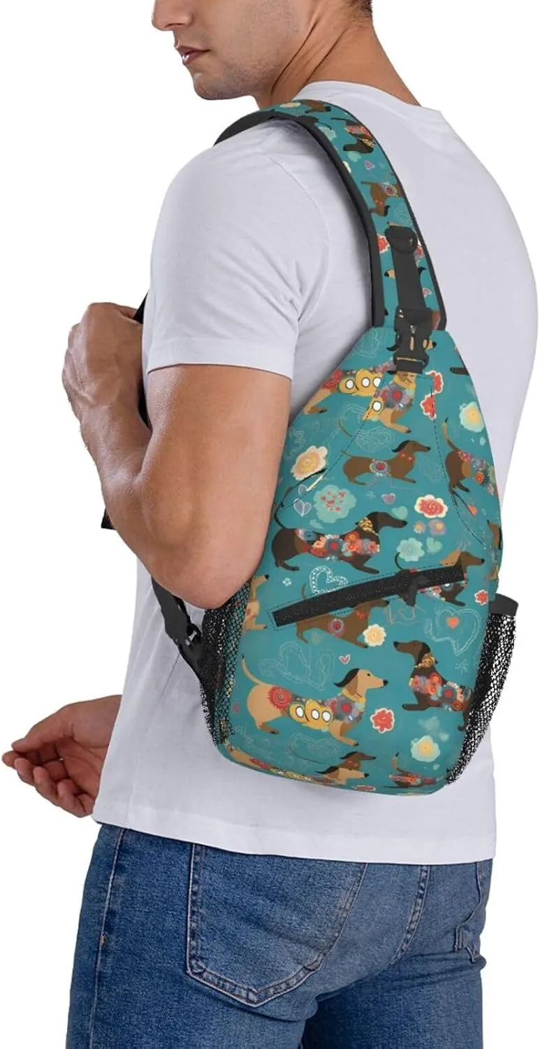 Colorful Dachshund Sling Bag for Women Men, Floral Adjustable Rope Crossbody Single Shoulder Bag for Travel Hiking Cycling Gift