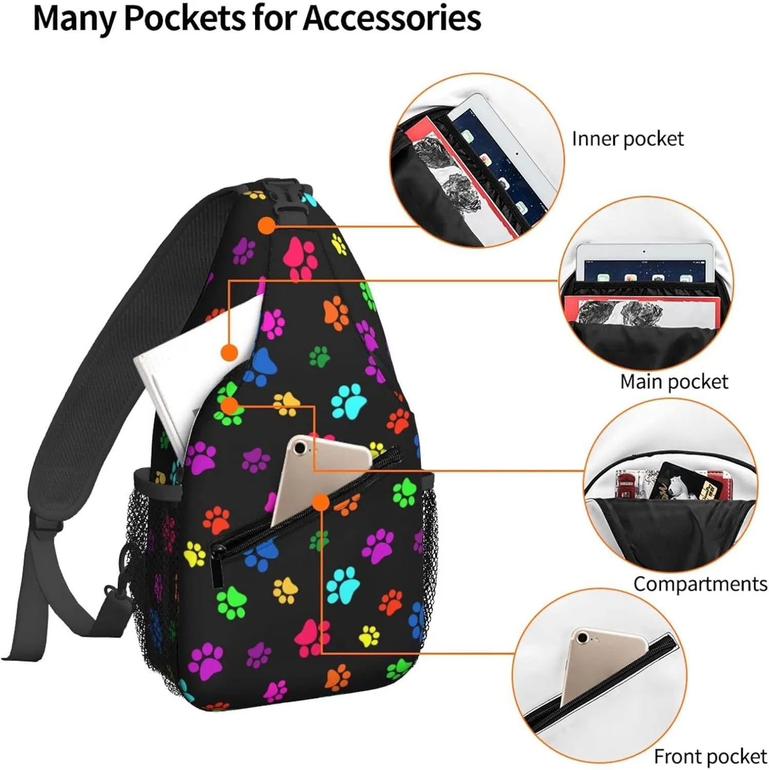 Colorful Paw Print Sling Backpack Crossbody Sling Bag for Women Men Shoulder Bag Travel Hiking Daypack