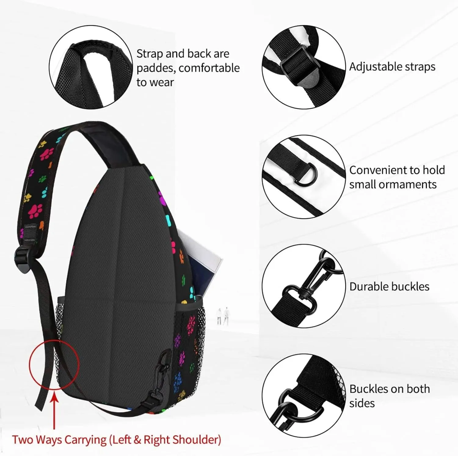 Colorful Paw Print Sling Backpack Crossbody Sling Bag for Women Men Shoulder Bag Travel Hiking Daypack