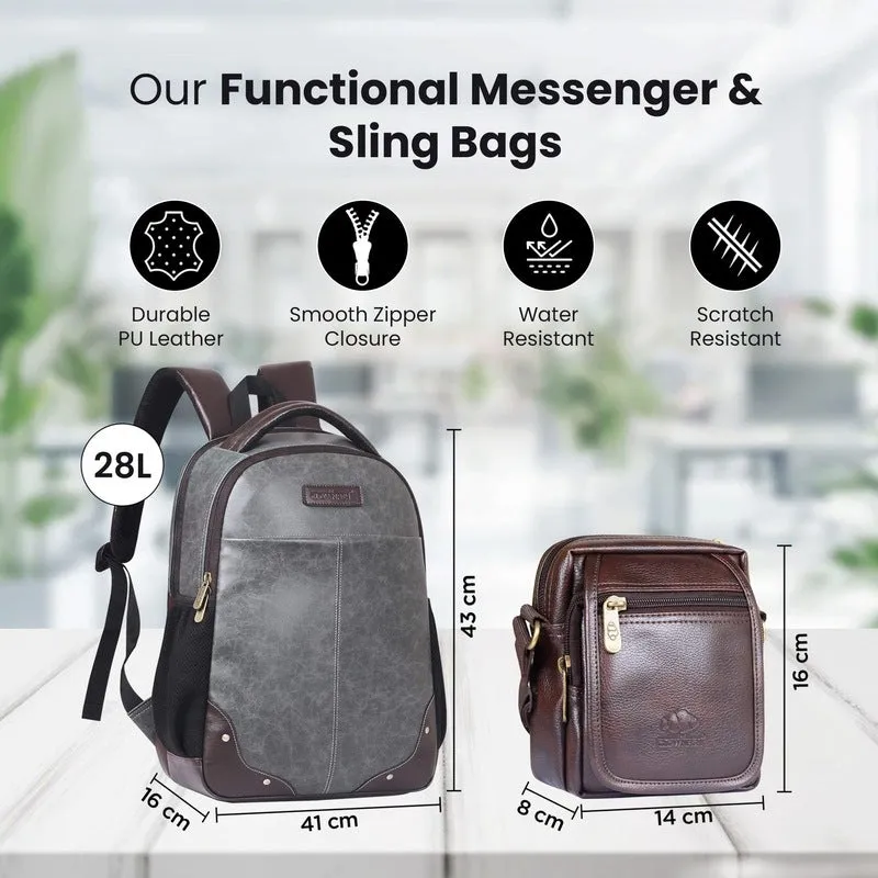 Combo: THE CLOWNFISH Messenger & Sling Bags - Spacious, Stylish | Laptop & Travel Bags | 28L & 2L | Steel Grey & Brown