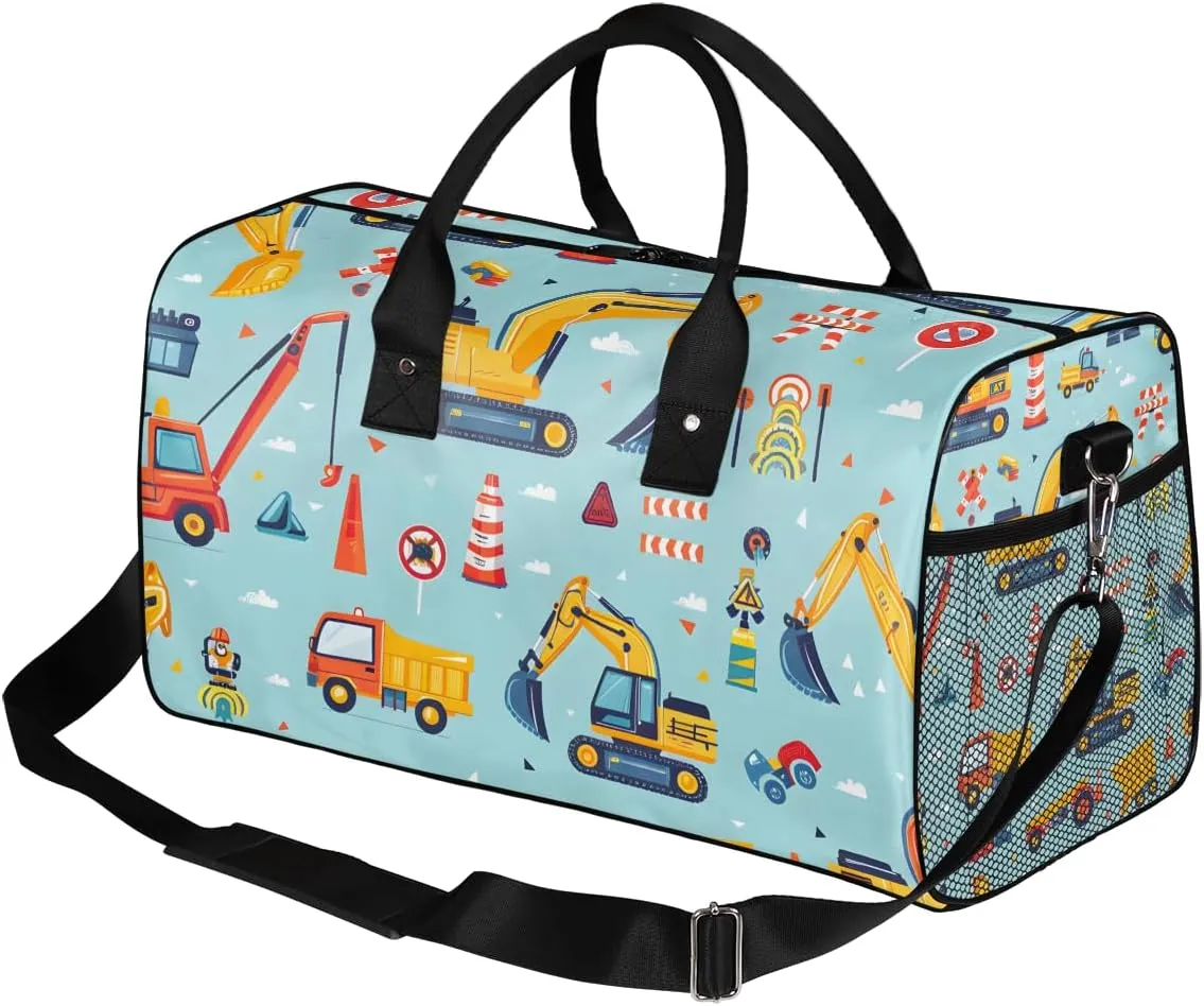 Construction Crew Vehicles Truck Travel Duffle Bag for Women Men Foldable Waterproof Weekender Bag Carry on Tote for Overnight Sports Gym Car Excavator Tractor Vehicles