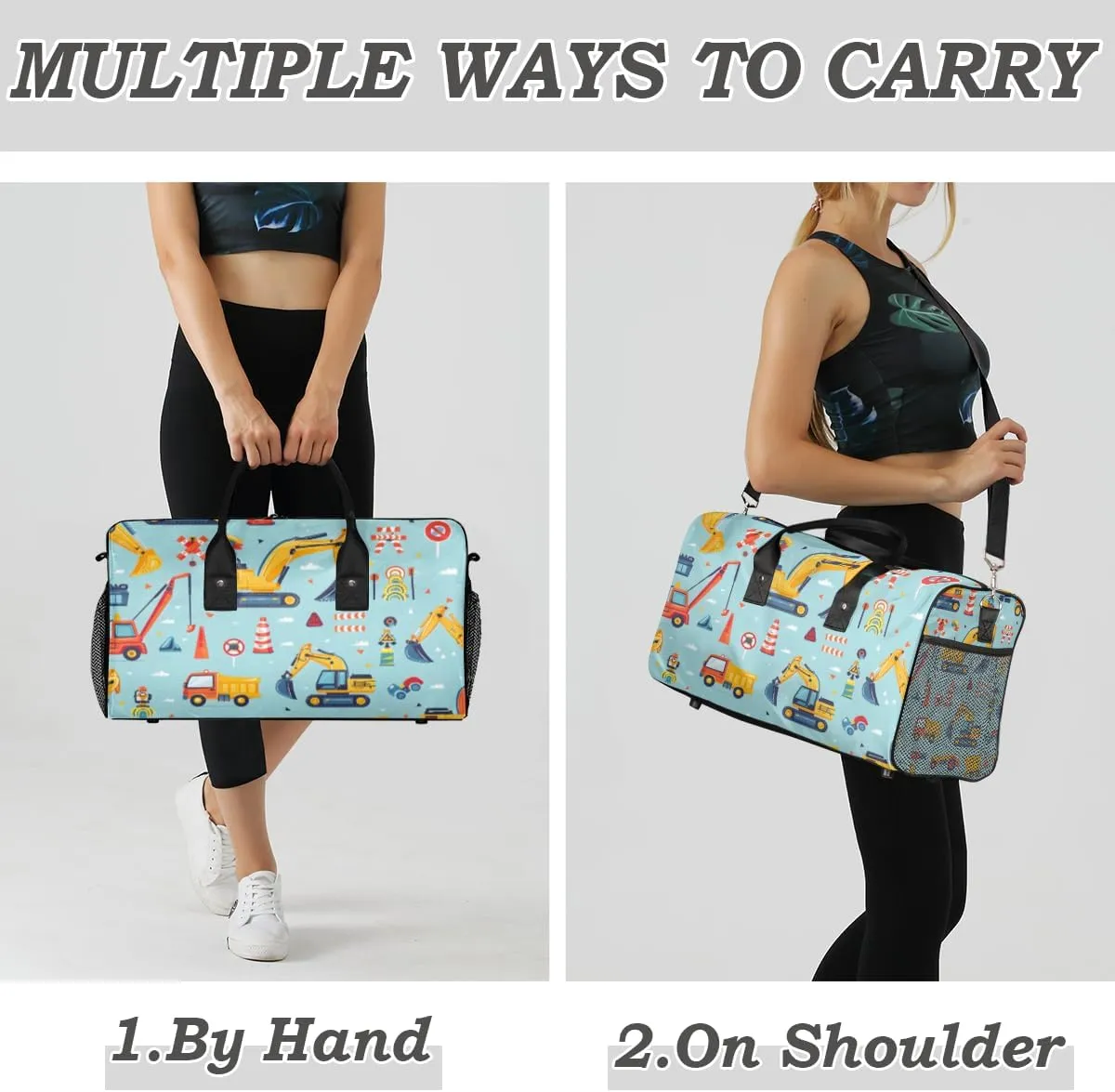 Construction Crew Vehicles Truck Travel Duffle Bag for Women Men Foldable Waterproof Weekender Bag Carry on Tote for Overnight Sports Gym Car Excavator Tractor Vehicles