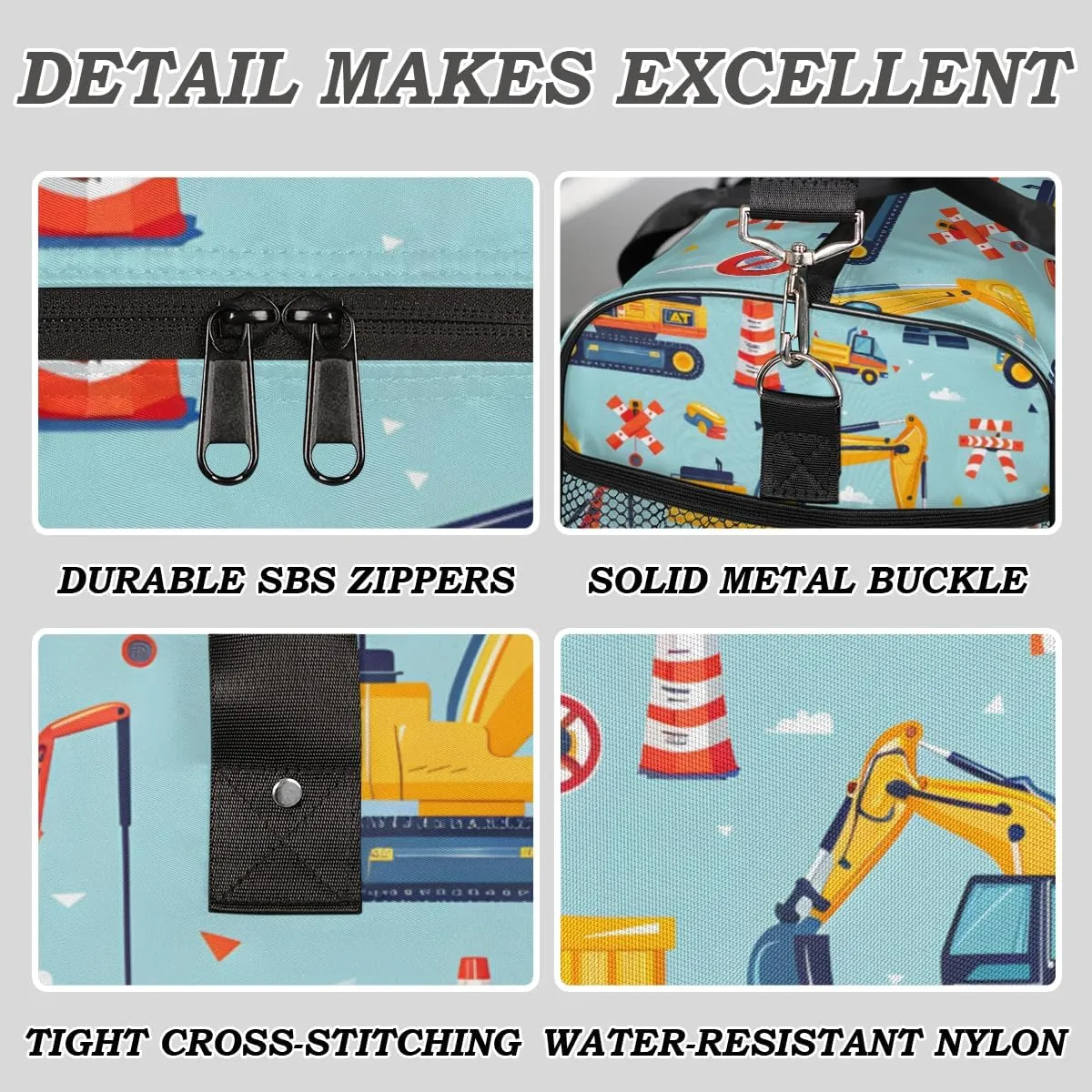 Construction Crew Vehicles Truck Travel Duffle Bag for Women Men Foldable Waterproof Weekender Bag Carry on Tote for Overnight Sports Gym Car Excavator Tractor Vehicles