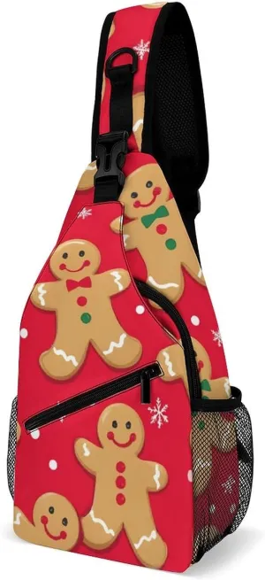 Cool Chest Bag for Men Women, Adjustable Christmas Red Polka Dots Snowflakes Gingerbread Cookies Crossbody Backpack Unisex Shoulder Bags Sling Bag with Multi-pockets and Buckles for Travel