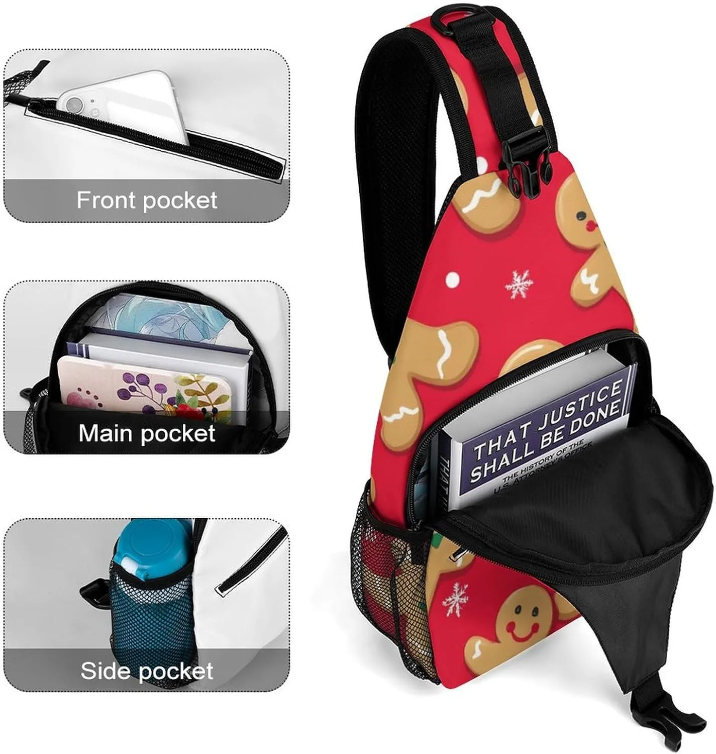 Cool Chest Bag for Men Women, Adjustable Christmas Red Polka Dots Snowflakes Gingerbread Cookies Crossbody Backpack Unisex Shoulder Bags Sling Bag with Multi-pockets and Buckles for Travel