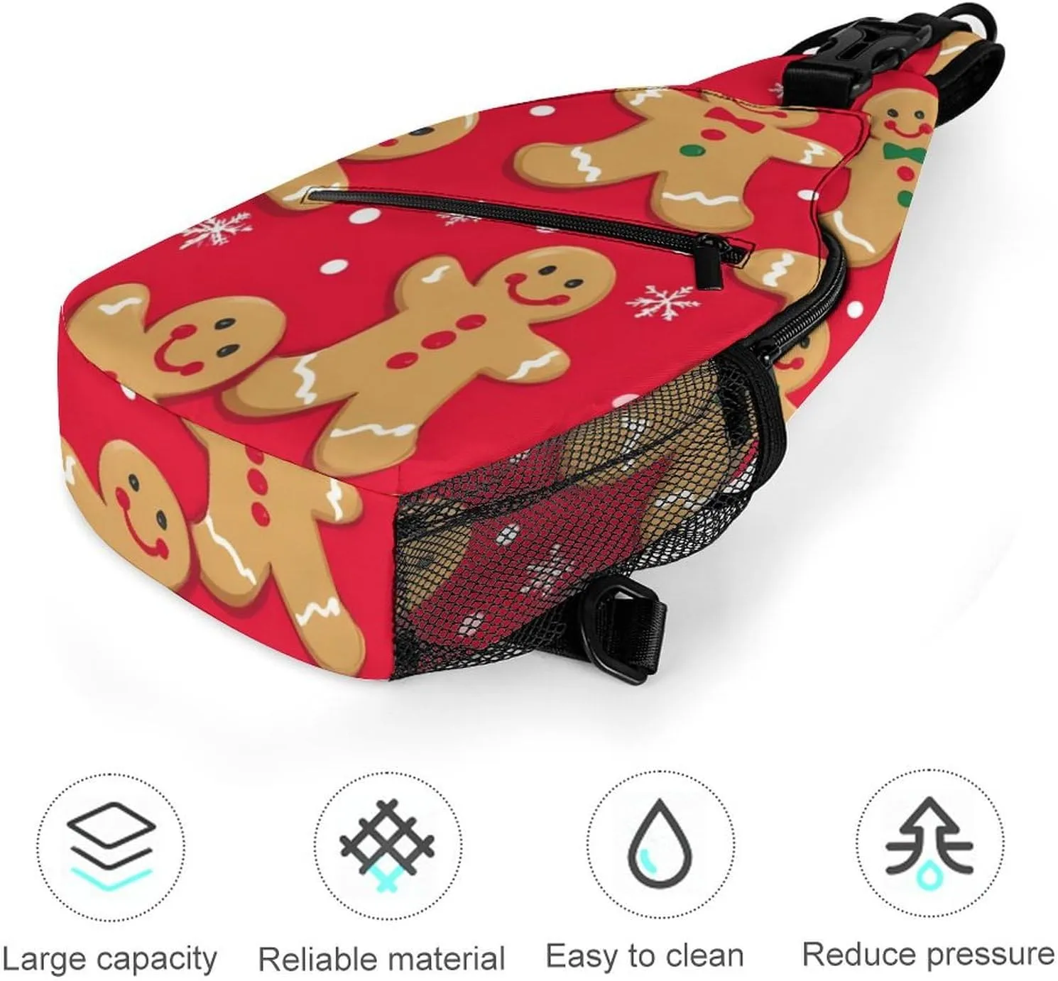 Cool Chest Bag for Men Women, Adjustable Christmas Red Polka Dots Snowflakes Gingerbread Cookies Crossbody Backpack Unisex Shoulder Bags Sling Bag with Multi-pockets and Buckles for Travel