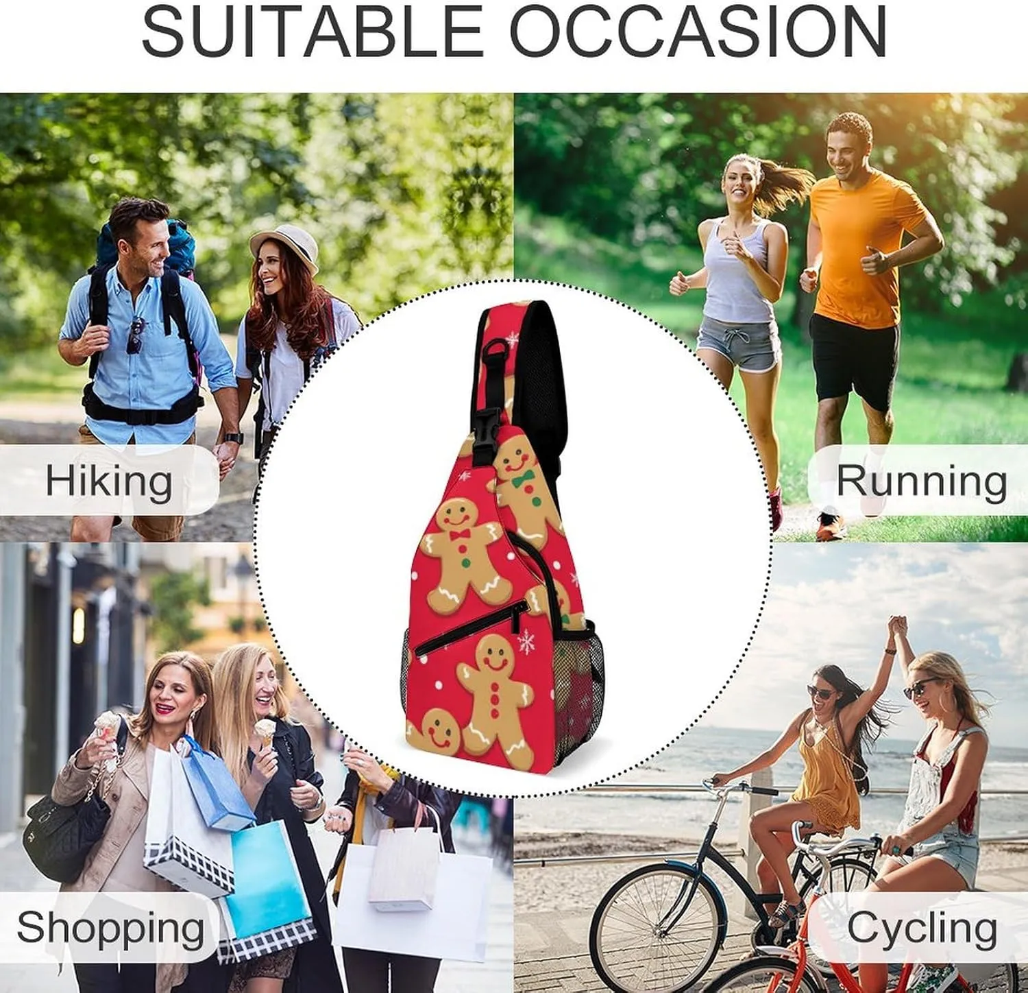 Cool Chest Bag for Men Women, Adjustable Christmas Red Polka Dots Snowflakes Gingerbread Cookies Crossbody Backpack Unisex Shoulder Bags Sling Bag with Multi-pockets and Buckles for Travel