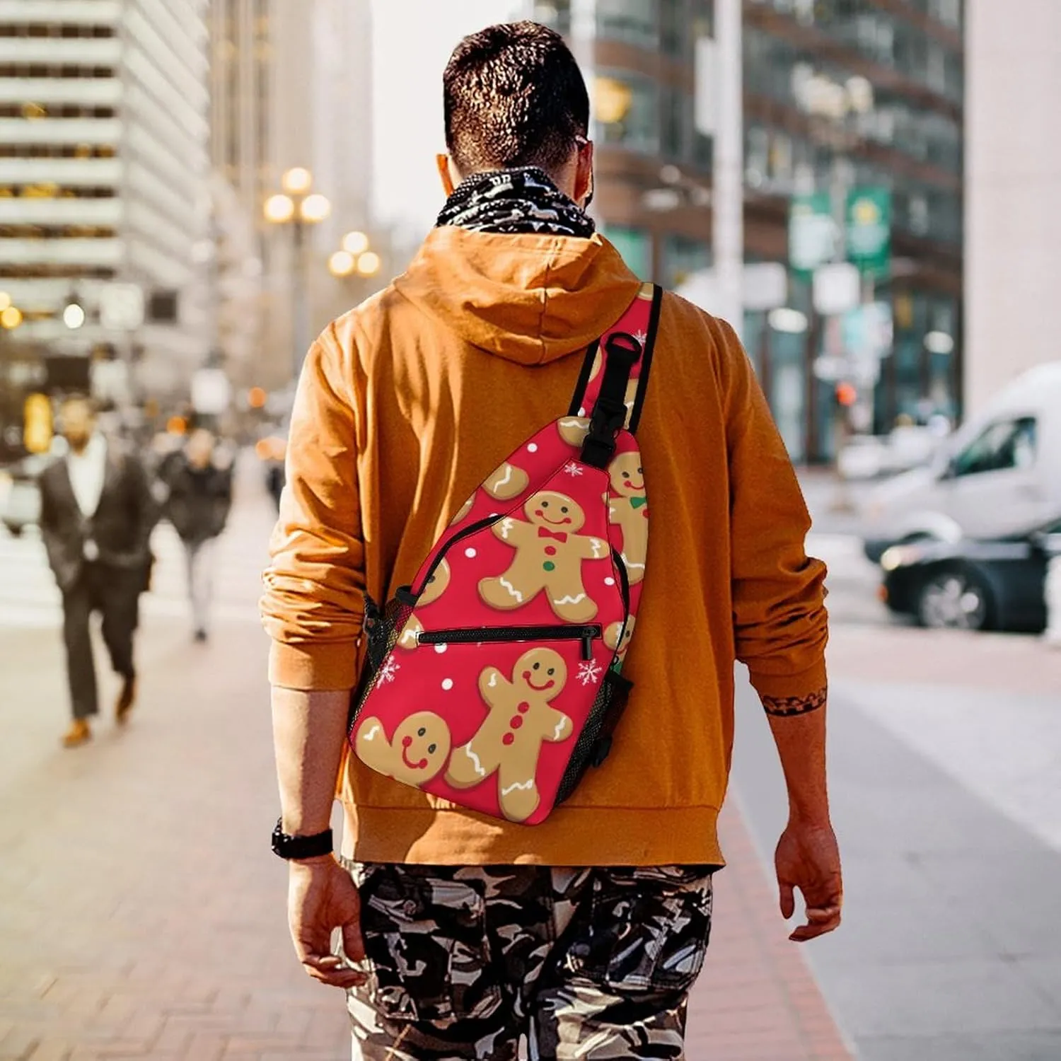 Cool Chest Bag for Men Women, Adjustable Christmas Red Polka Dots Snowflakes Gingerbread Cookies Crossbody Backpack Unisex Shoulder Bags Sling Bag with Multi-pockets and Buckles for Travel