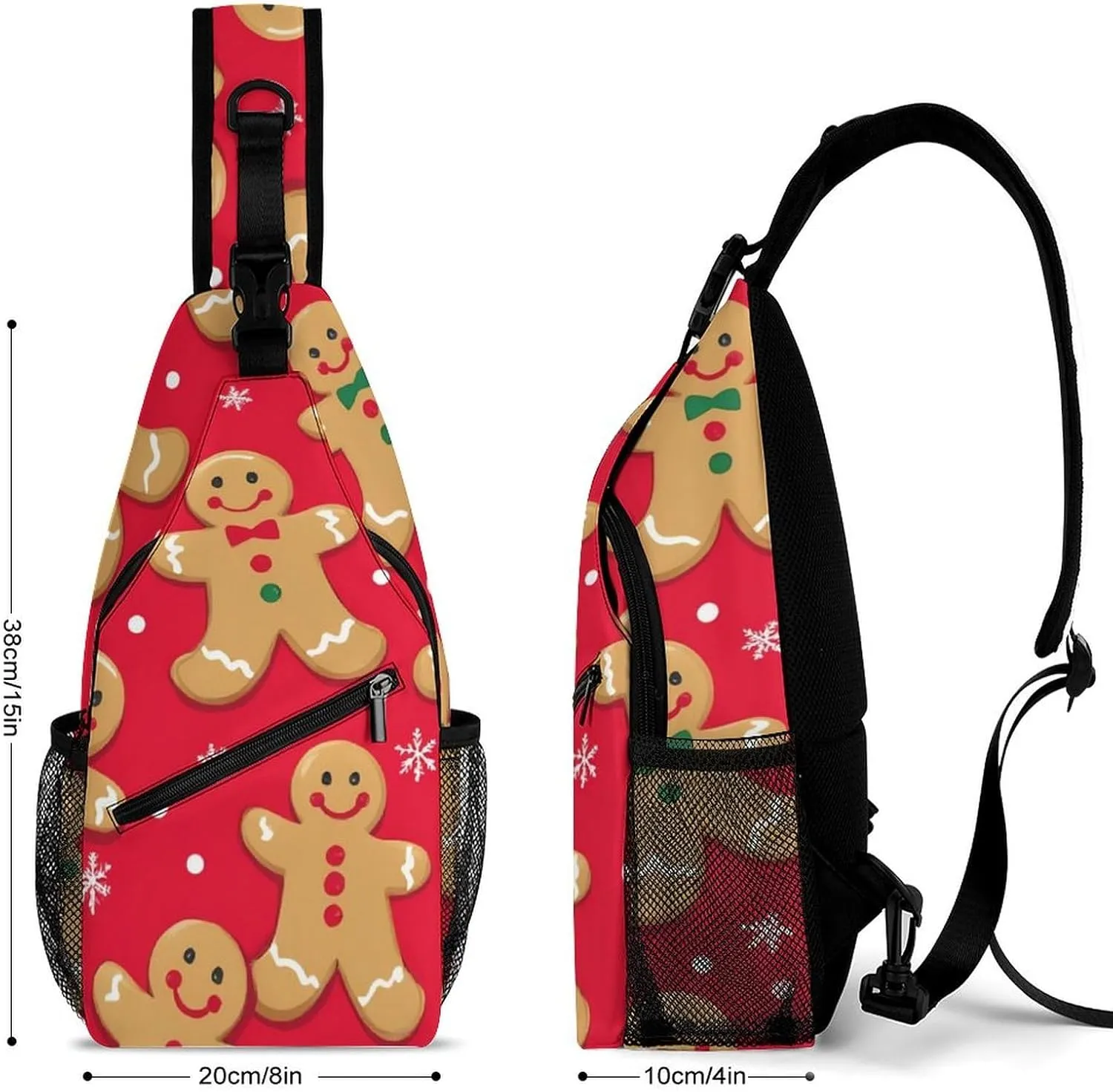 Cool Chest Bag for Men Women, Adjustable Christmas Red Polka Dots Snowflakes Gingerbread Cookies Crossbody Backpack Unisex Shoulder Bags Sling Bag with Multi-pockets and Buckles for Travel