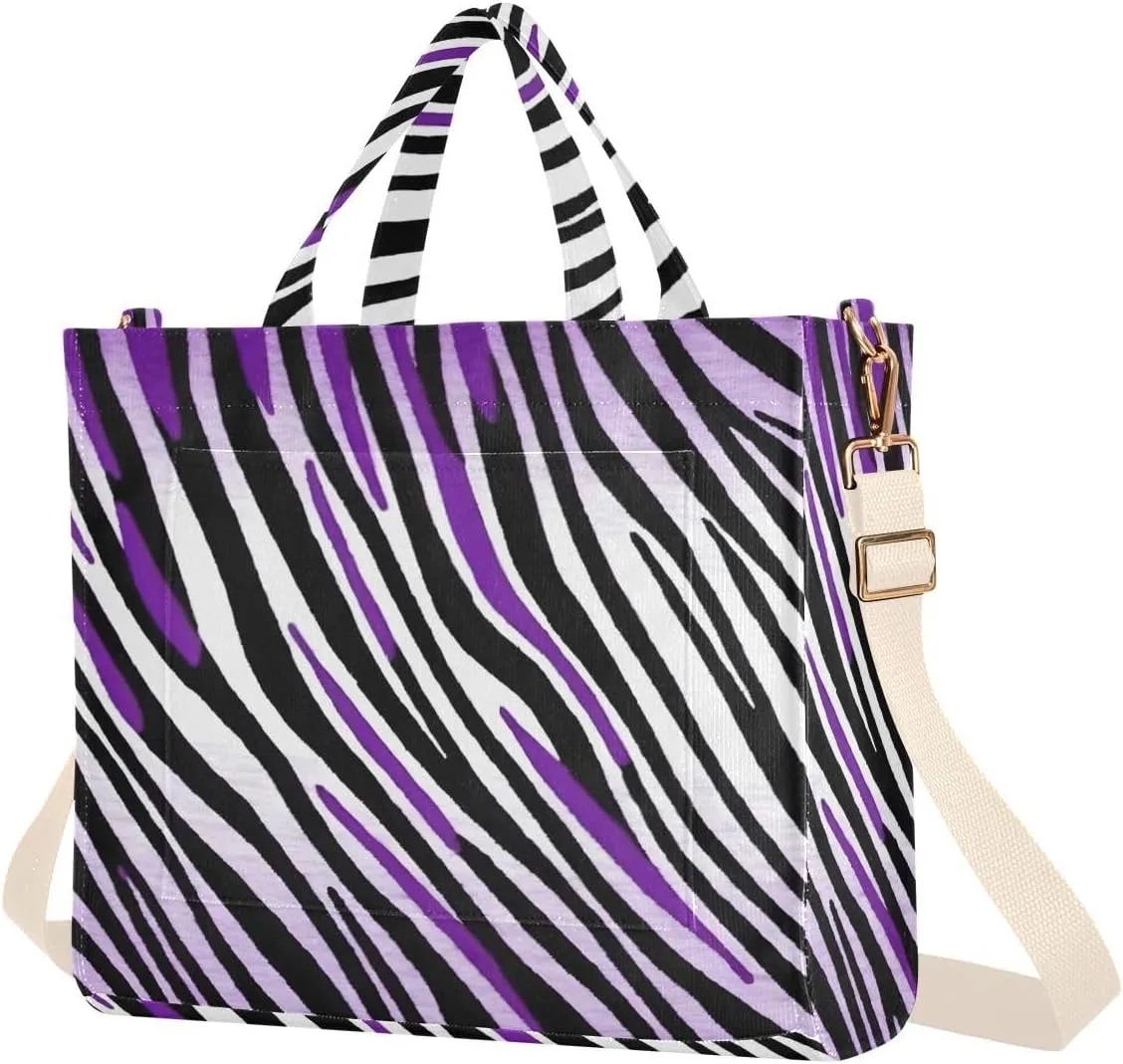 Corduroy Women Tote Bag, Handbag Purse with Detachable Strap Purple Zebra Stripe Print Small Size