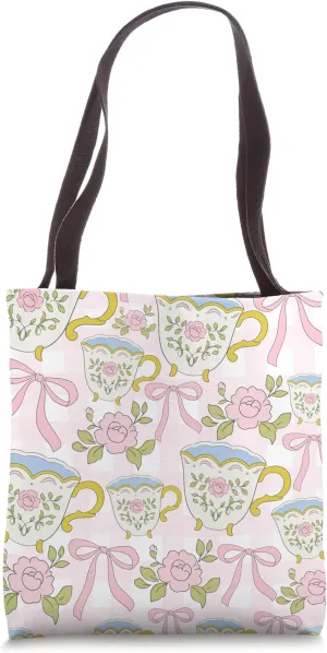 Cottagecore Core Parisian Chic Teacup and Pink Bow Print Tote Bag