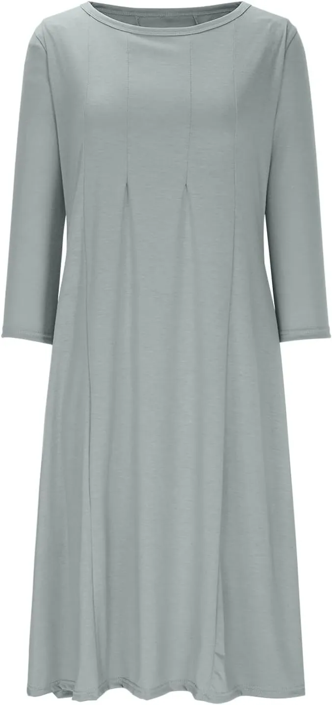 Cotton Long Sleeve A Line Midi Dress for Women Pleated Design Casual Loose Fit Soft Comfortable Daily Wear