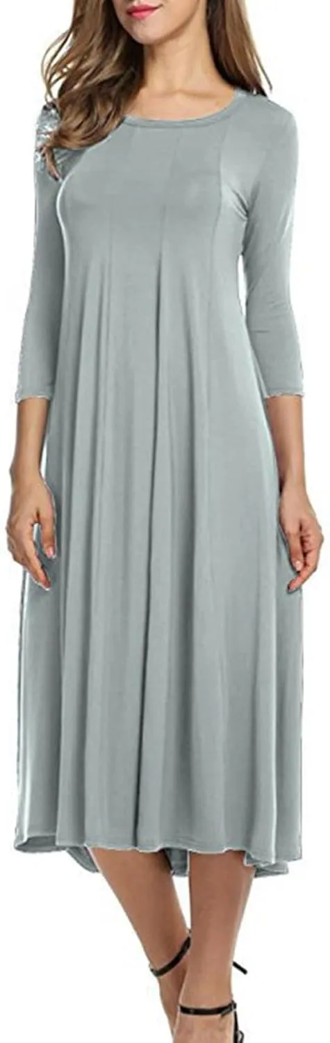 Cotton Long Sleeve A Line Midi Dress for Women Pleated Design Casual Loose Fit Soft Comfortable Daily Wear