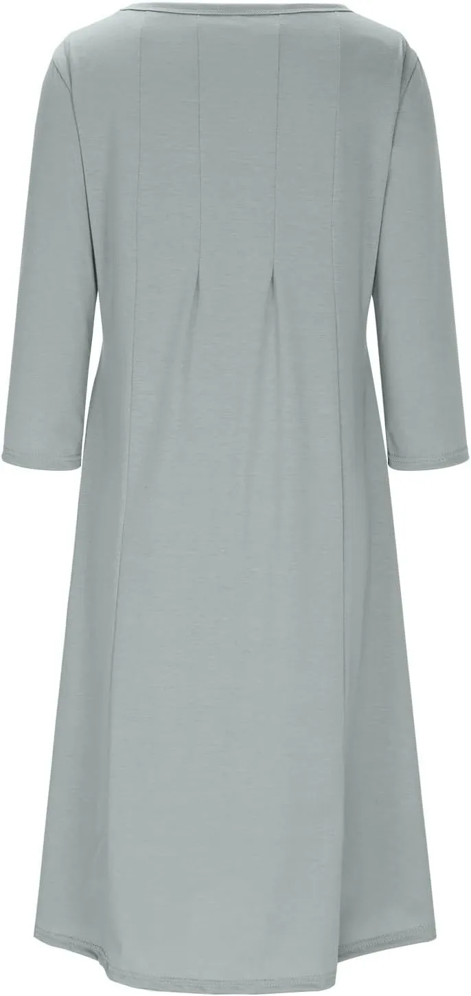 Cotton Long Sleeve A Line Midi Dress for Women Pleated Design Casual Loose Fit Soft Comfortable Daily Wear