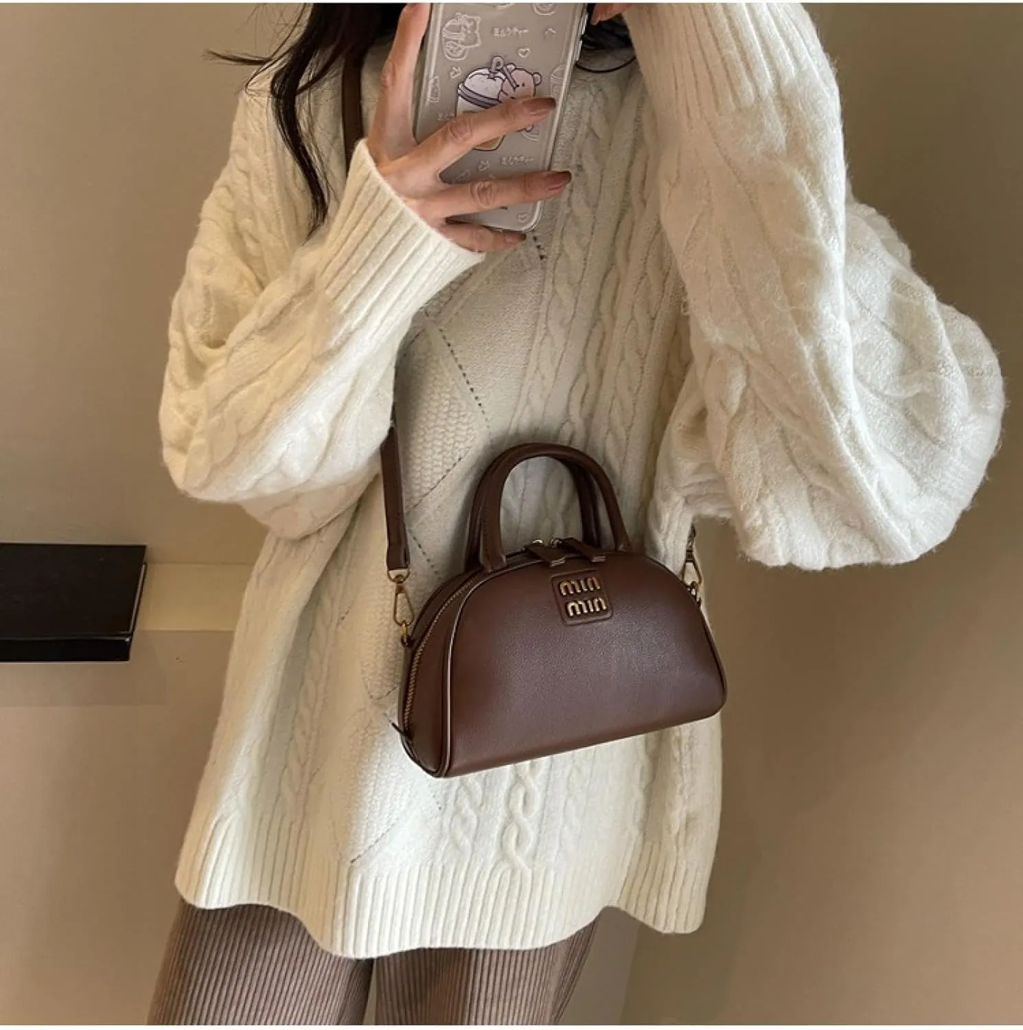 Crossbody Bag on One Shoulder and Half Round Shell Bag on Hand