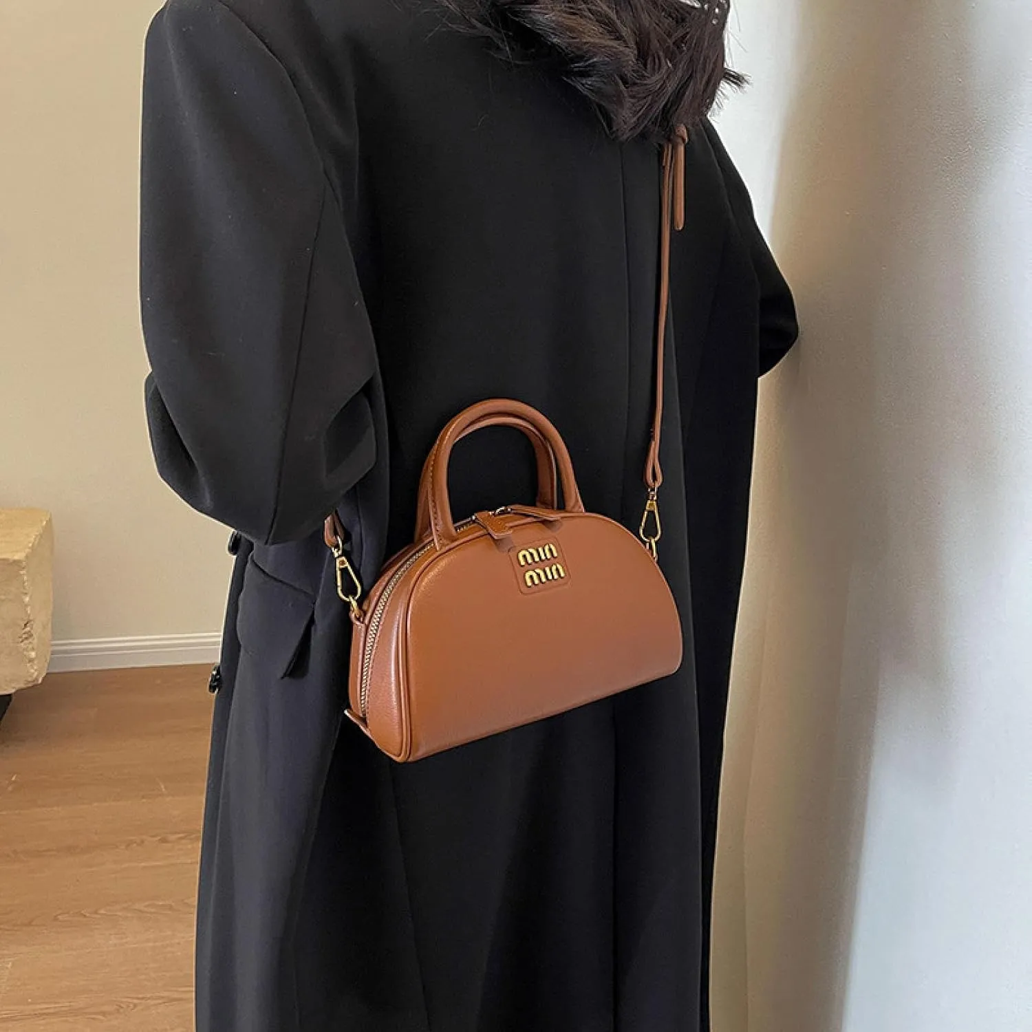 Crossbody Bag on One Shoulder and Half Round Shell Bag on Hand