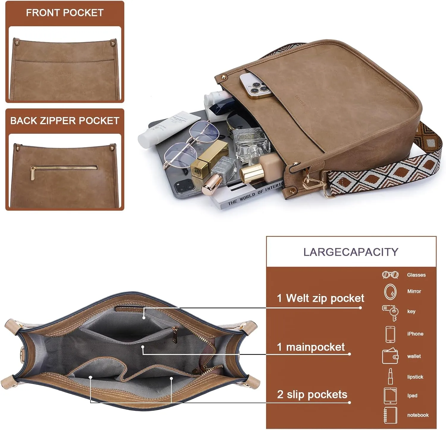 Crossbody Bag Women Vegan Leather Hobo Handbag Trendy Crossbody Shoulder Bag Purses For Women with 2 Adjustable Strap