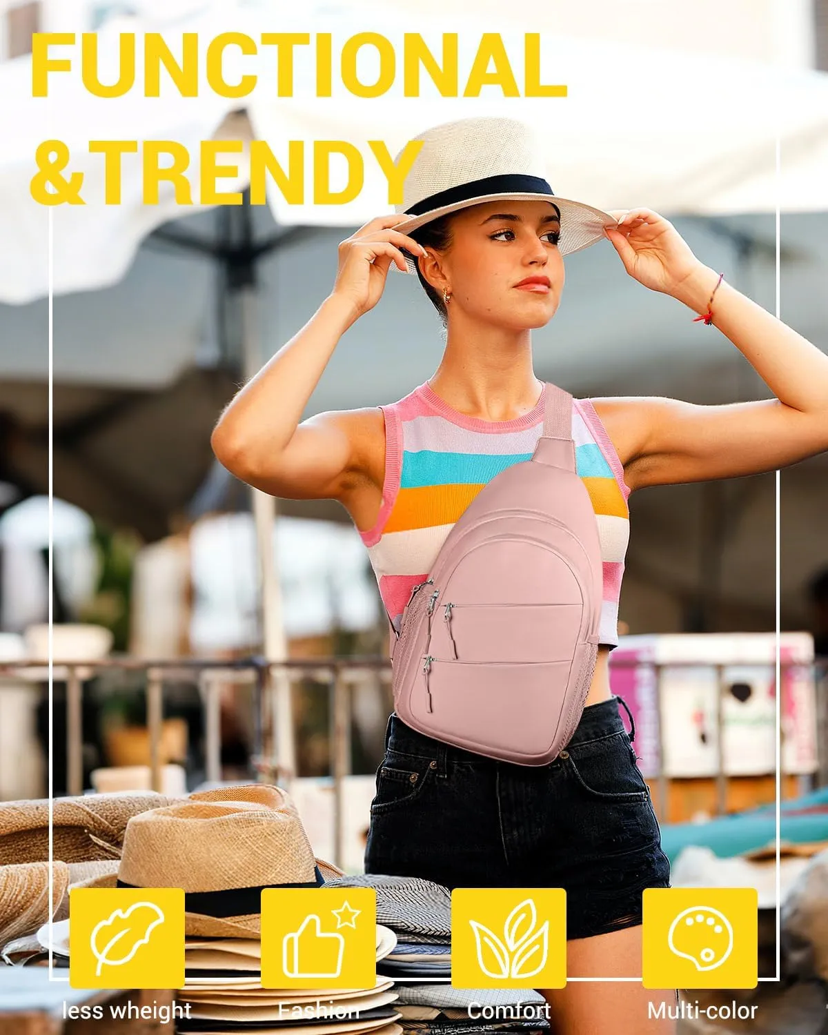Crossbody Bags for Women, Sling Bag for Men, Small Hiking Backpack Anti Theft Lightweight for Outdoors Travel (L, Pink)