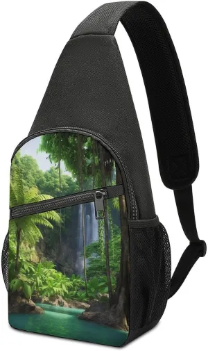 Crossbody Bags Sling Bag for Women Men,Tropic Plants Trees Printed Sling Backpack,Waterproof Bag with Convertible Shoulder Strap,Shoulder Chest Bag for Hiking Traveling