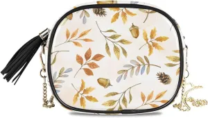 Crossbody Shoulder Bag Acorns Cones and Autumn Leaves Small PU Leather Handbag with Tassel Zipper