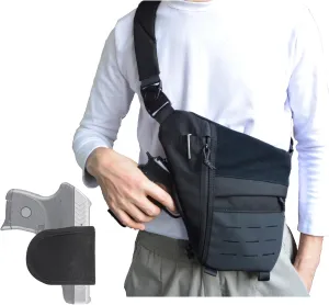 Crossbody Sling Bag for Men, Conceal Carry Gun Bag w.Holster of Handgun CCW Shoulder Chest Pack Valcen Personal Pocket for Women Black