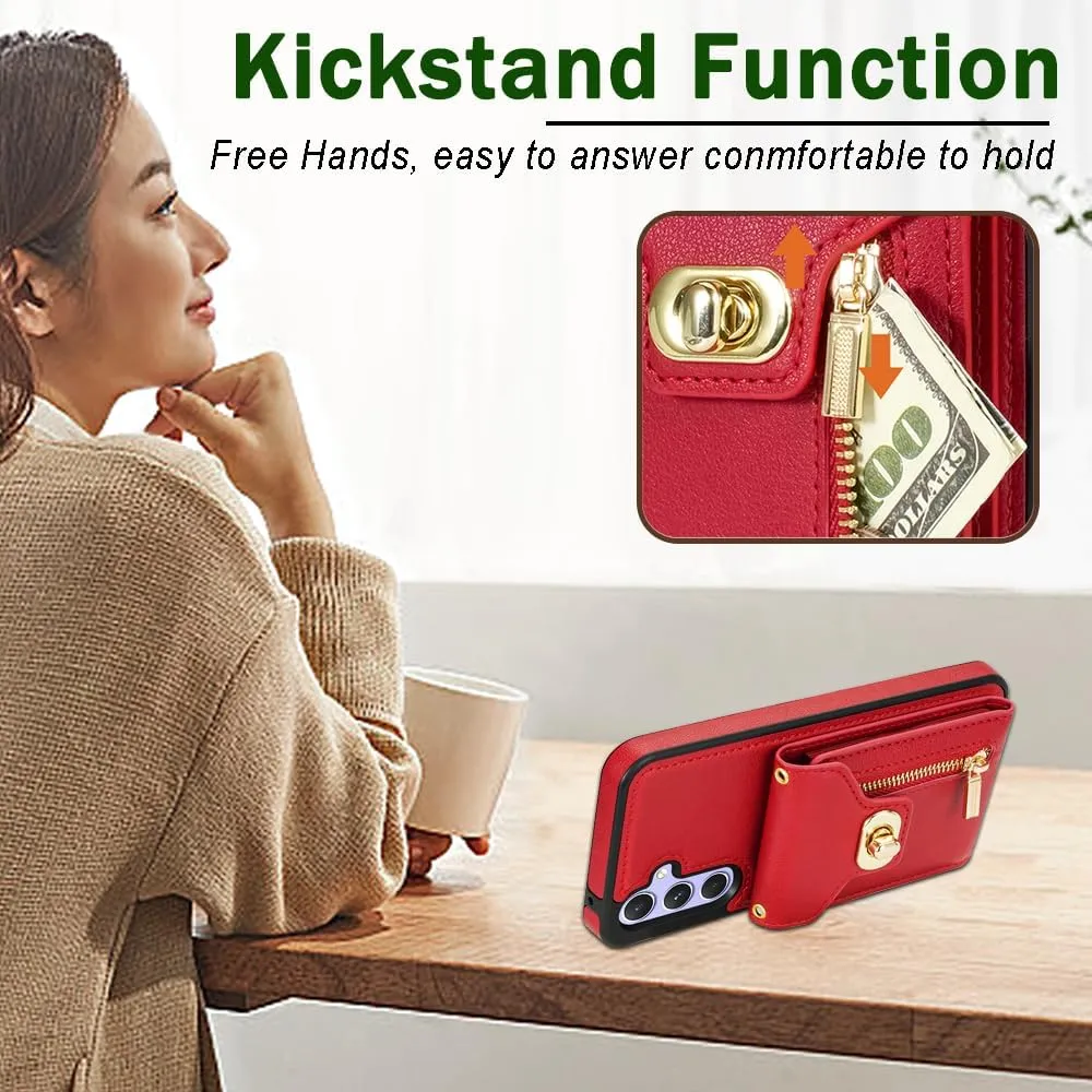 Crossbody Wallet Case for Samsung Galaxy S24 Plus, Flip Leather Purse Case with Card Holder, Folio Protective Handbag Phone Cover with Zipper Long Shoulder Strap for Samsung S24 , Red