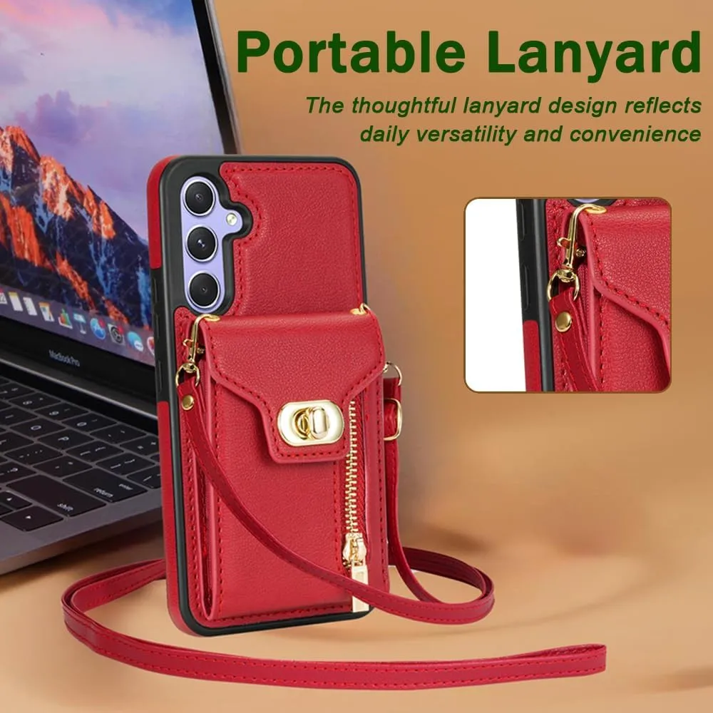 Crossbody Wallet Case for Samsung Galaxy S24 Plus, Flip Leather Purse Case with Card Holder, Folio Protective Handbag Phone Cover with Zipper Long Shoulder Strap for Samsung S24 , Red