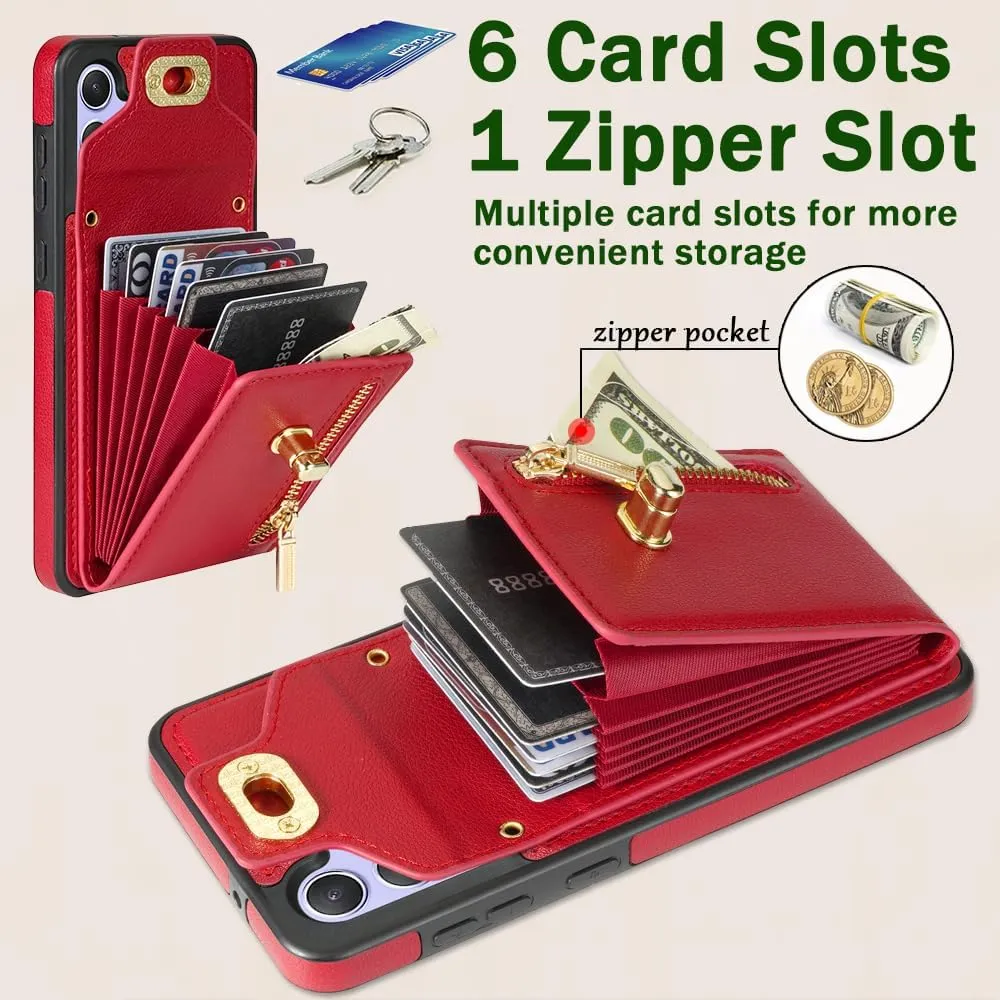 Crossbody Wallet Case for Samsung Galaxy S24 Plus, Flip Leather Purse Case with Card Holder, Folio Protective Handbag Phone Cover with Zipper Long Shoulder Strap for Samsung S24 , Red