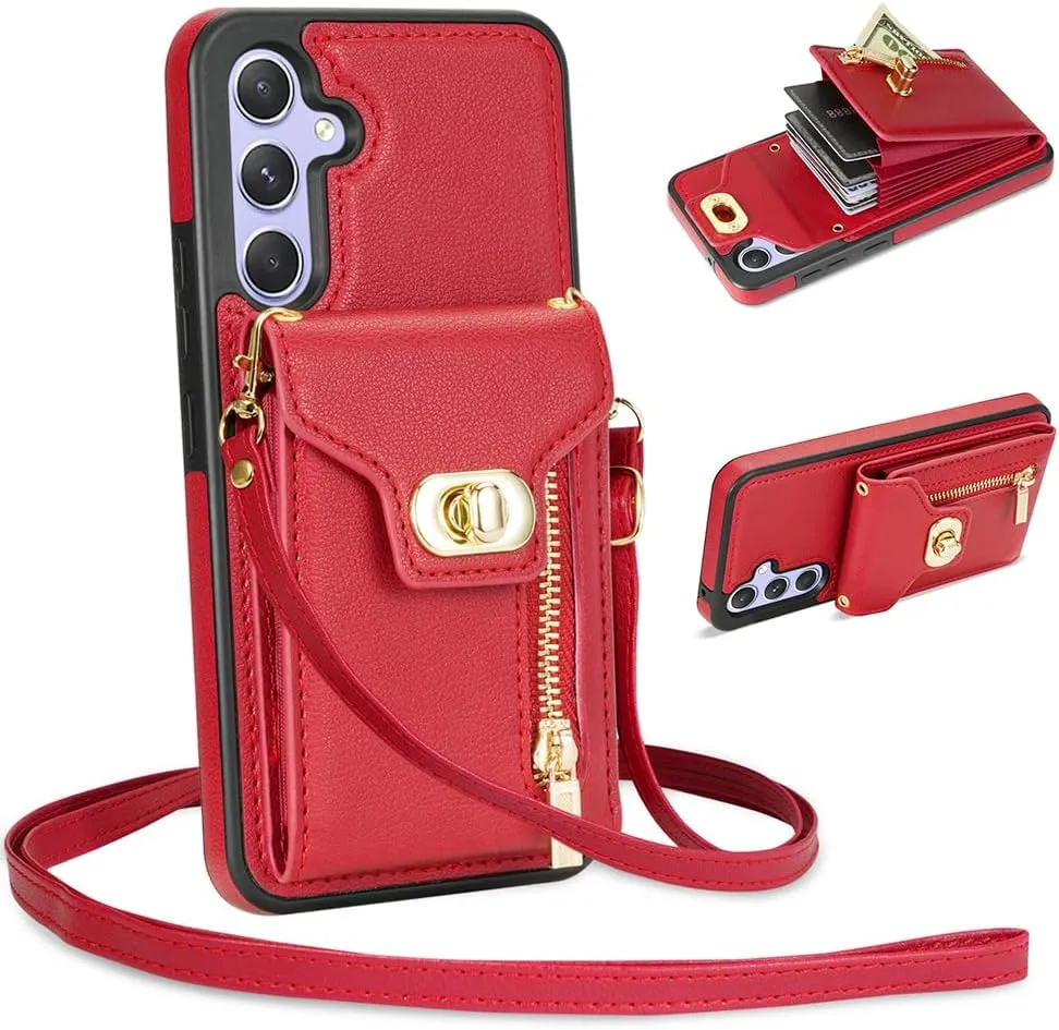 Crossbody Wallet Case for Samsung Galaxy S24 Plus, Flip Leather Purse Case with Card Holder, Folio Protective Handbag Phone Cover with Zipper Long Shoulder Strap for Samsung S24 , Red