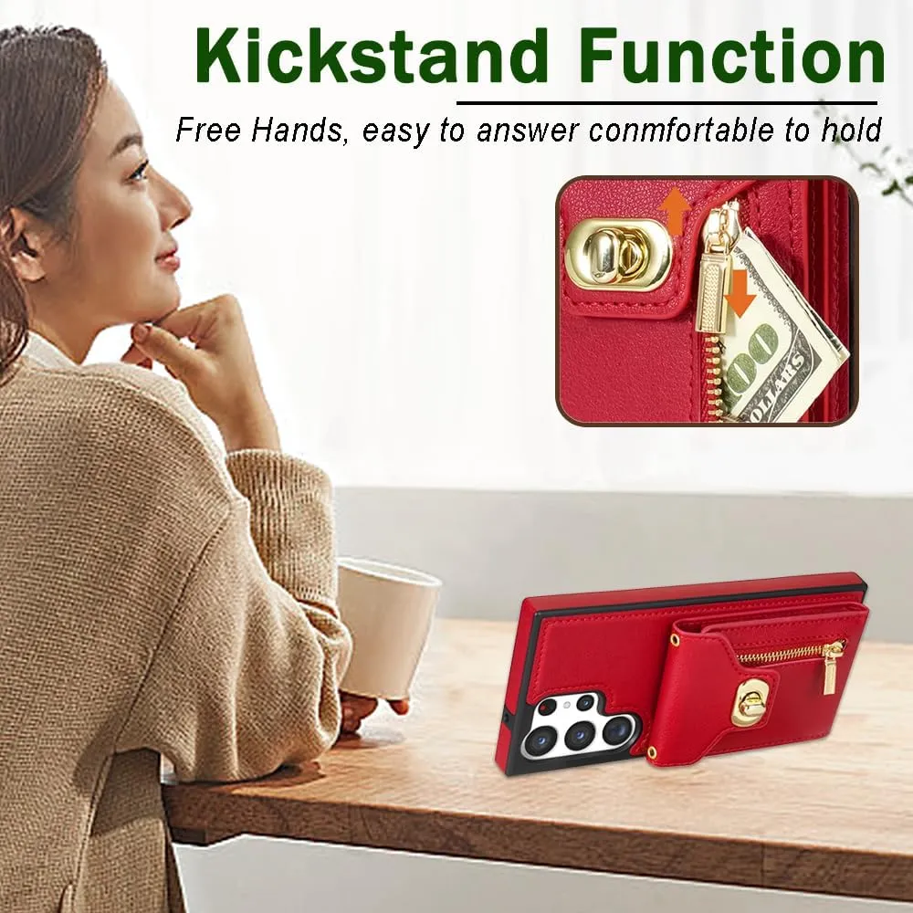 Crossbody Wallet Case for Samsung Galaxy S25 Ultra, Flip Leather Purse Case with Card Holder, Protective Handbag Women Phone Cover with Zipper Long Strap for Samsung S25 Ultra, Red
