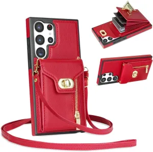 Crossbody Wallet Case for Samsung Galaxy S25 Ultra, Flip Leather Purse Case with Card Holder, Protective Handbag Women Phone Cover with Zipper Long Strap for Samsung S25 Ultra, Red