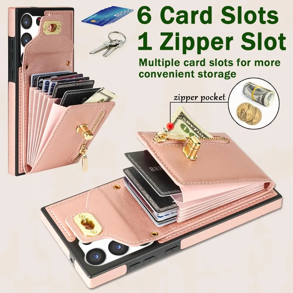Crossbody Wallet Case for Samsung Galaxy S25 Ultra, Flip Leather Purse Case with Card Holder, Protective Handbag Women Phone Cover with Zipper Long Strap for Samsung S25 Ultra, Rose Gold