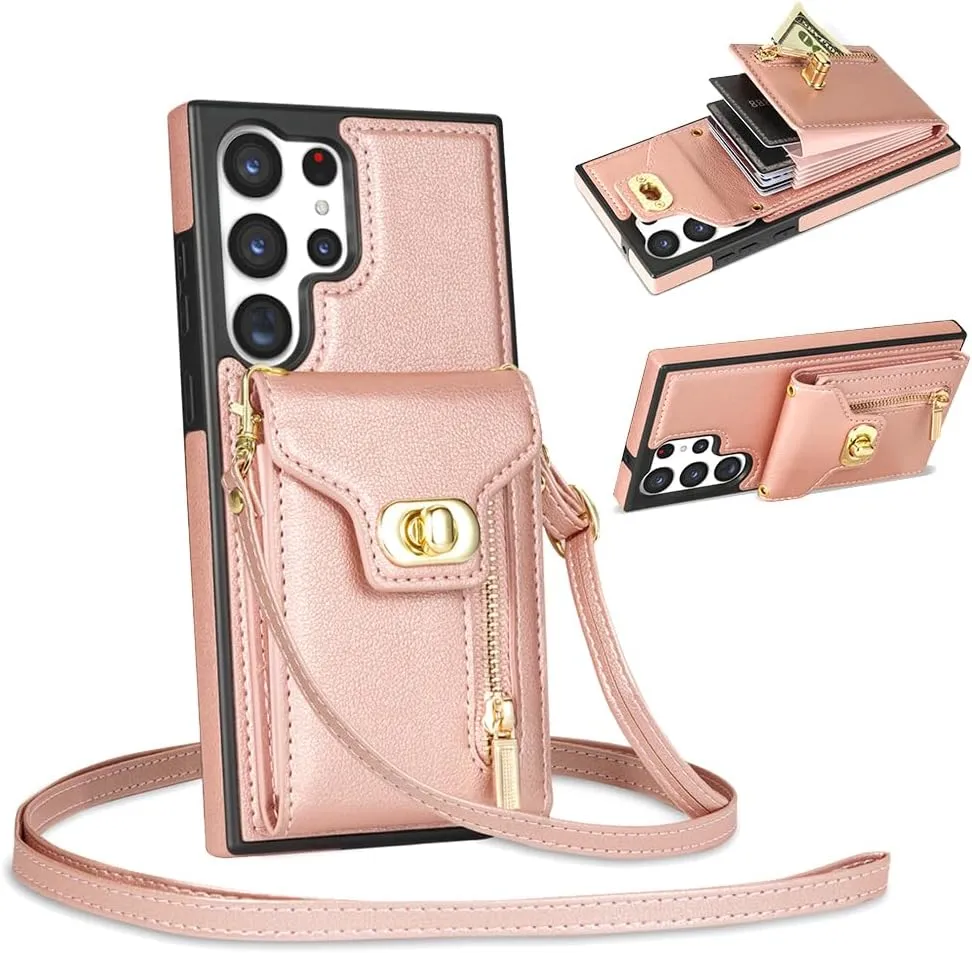 Crossbody Wallet Case for Samsung Galaxy S25 Ultra, Flip Leather Purse Case with Card Holder, Protective Handbag Women Phone Cover with Zipper Long Strap for Samsung S25 Ultra, Rose Gold